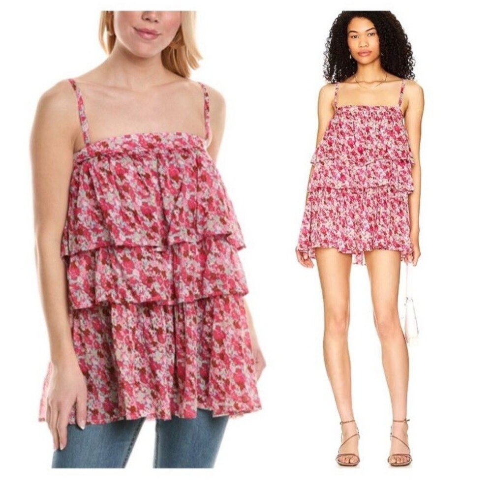 Free People FP One Talia Tunic Top XS Floral Tiered Sleeveless Pink Combo Boho
